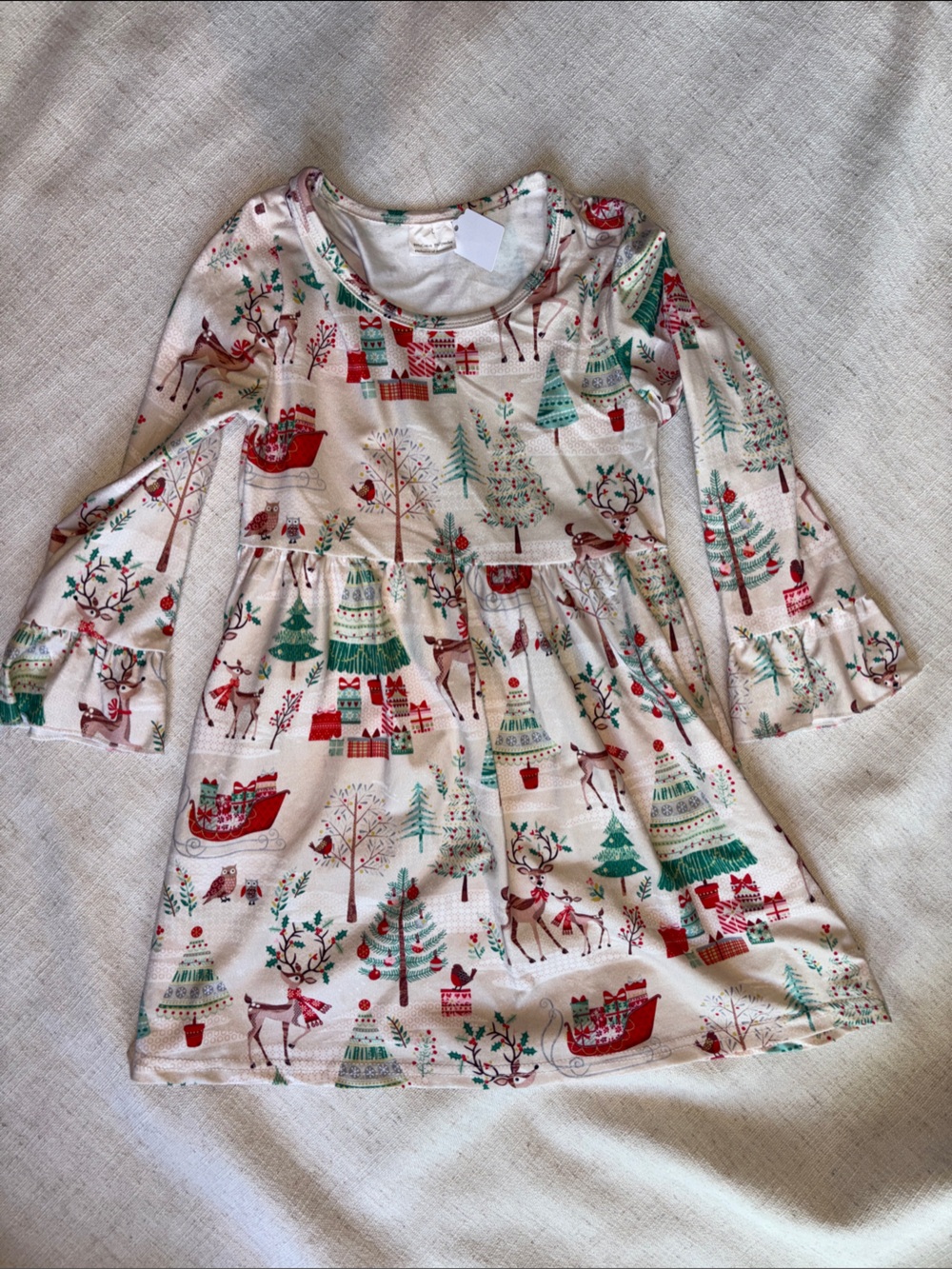 Girls Holiday Tree & Reindeer Dress - Cream